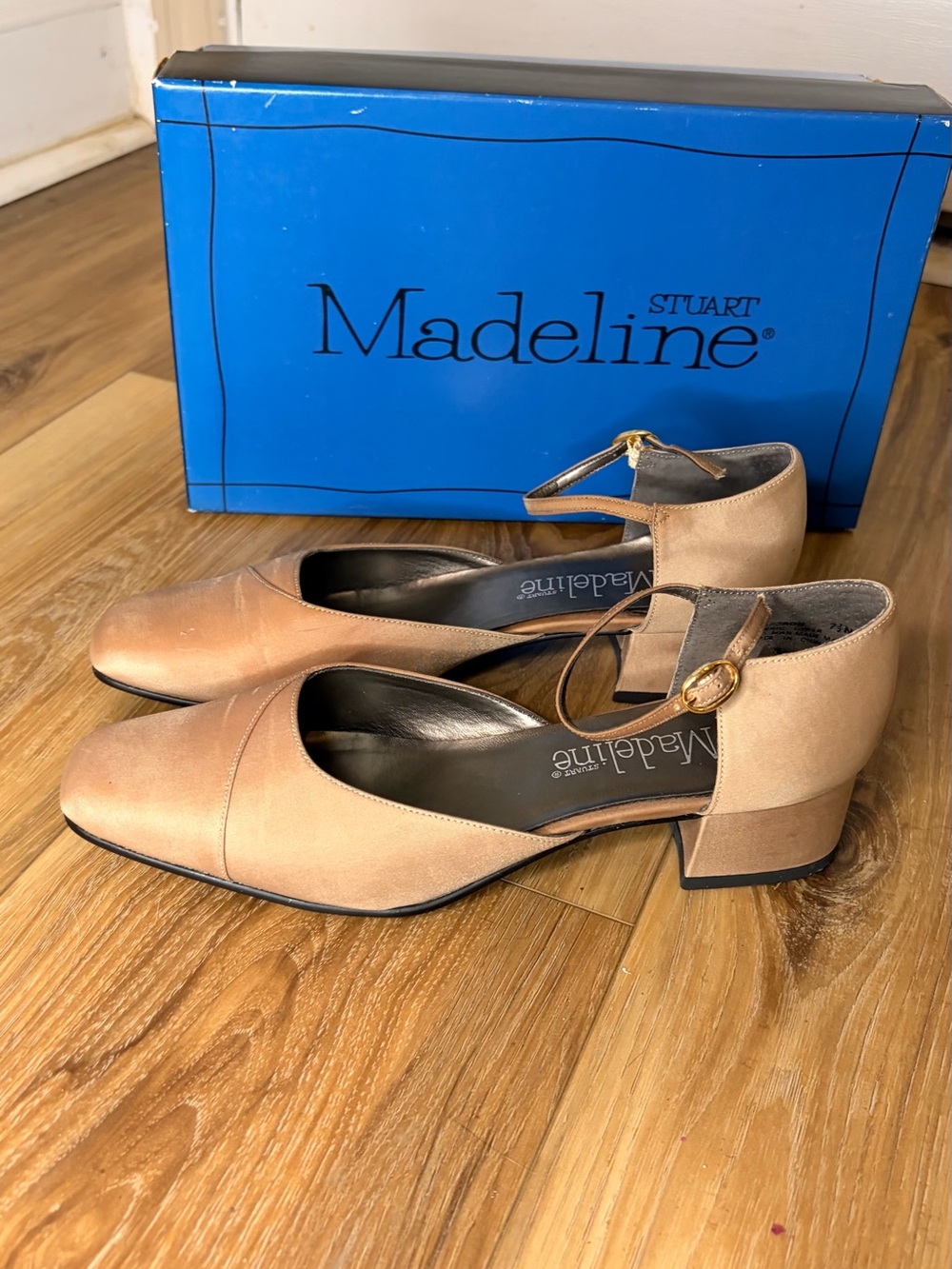 Vintage 90s Madeline Stuart Saffron Taupe Satin Heels 7.5N Mary Jane w/ Box